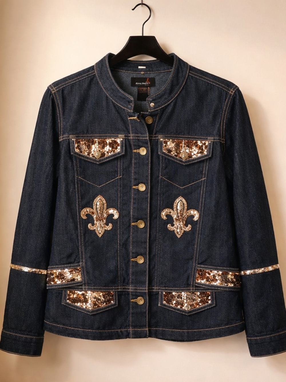 Upcycled..Ashley Stewart Dark Blue Denim Jacket with Gold Sequin Fleur-de-Lis
